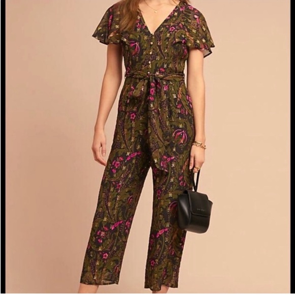 Ett:Twa Anthropologie Brenda Green Gold Jumpsuit size 4 - Picture 1 of 10